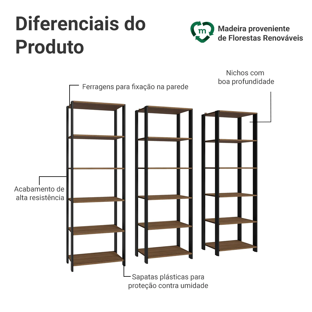 Armário Estante Multiuso Organizador Despensa 15 Prateleiras 177cm Rustic/Preto Madesa - Image 4