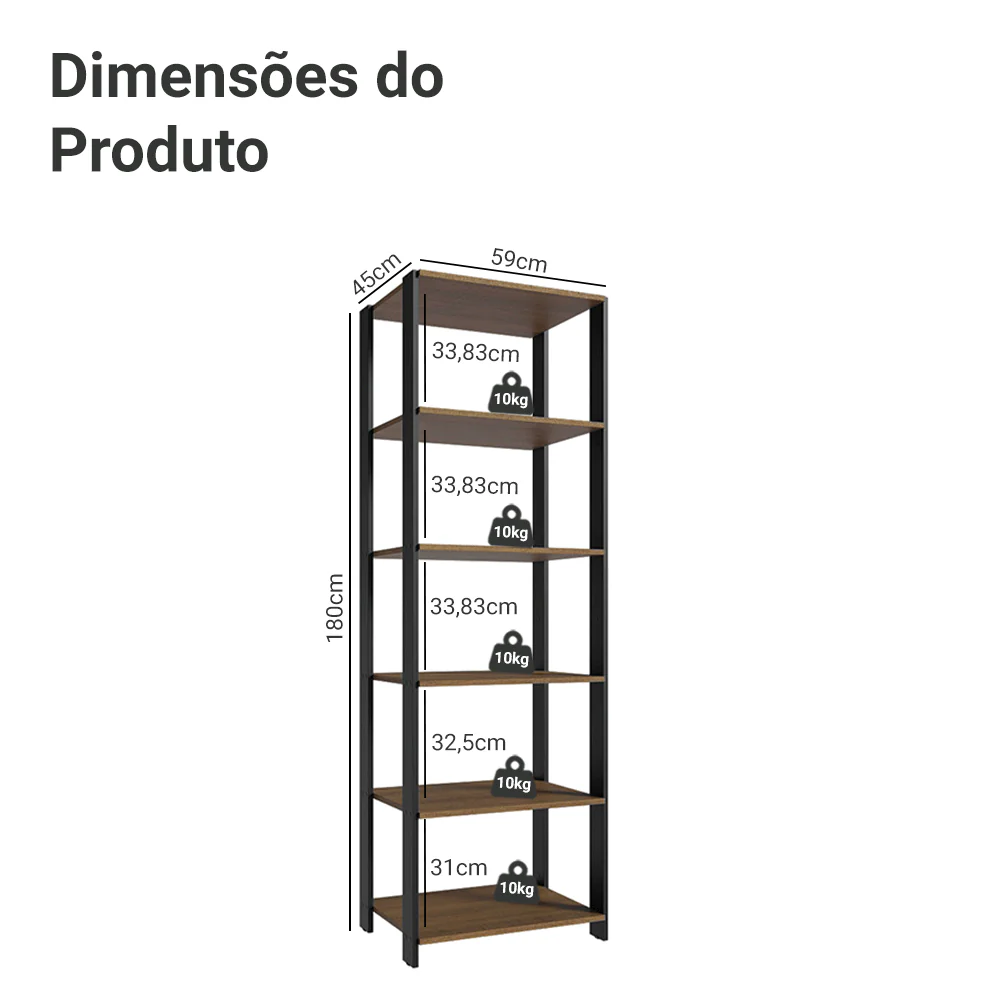 Armário Estante Multiuso Organizador Despensa 5 Prateleiras 59cm Rustic/Preto Madesa - Image 3