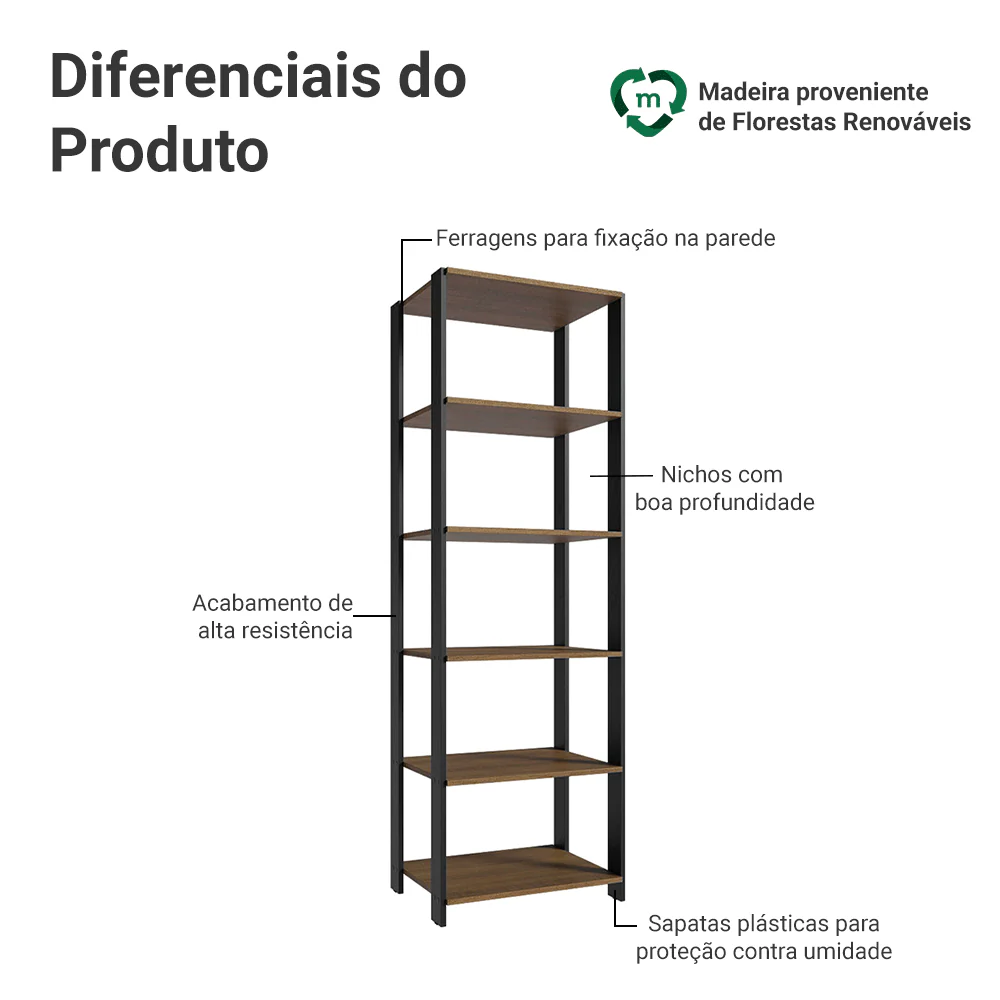 Armário Estante Multiuso Organizador Despensa 5 Prateleiras 59cm Rustic/Preto Madesa - Image 4
