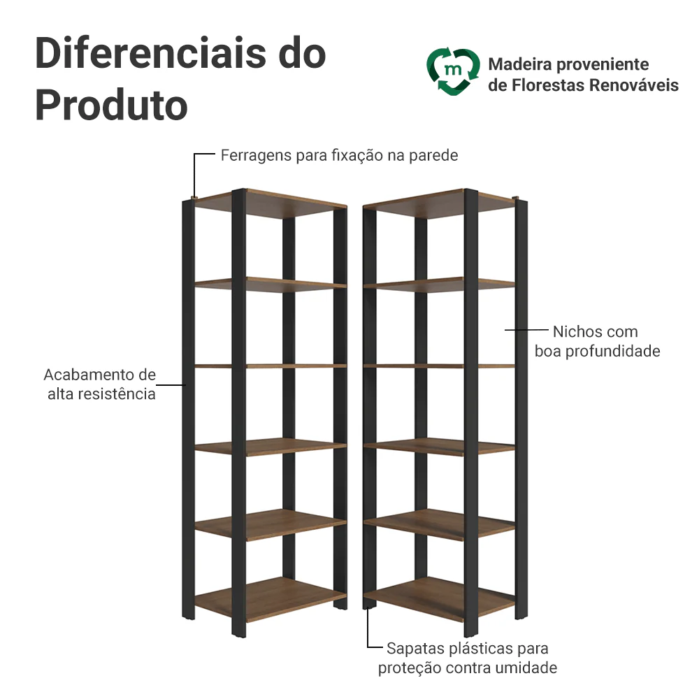 Armário Estante Multiuso Organizador Despensa de Canto 10 Prateleiras 118cm Rustic/Preto Madesa - Image 4