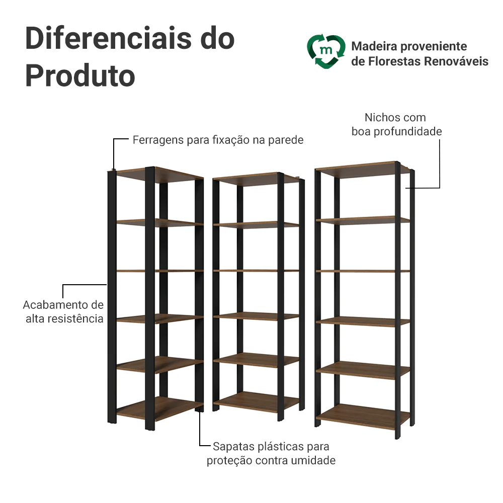 Armário Estante Multiuso Organizador Despensa de Canto 15 Prateleiras 177cm Rustic/Preto Madesa - Image 4