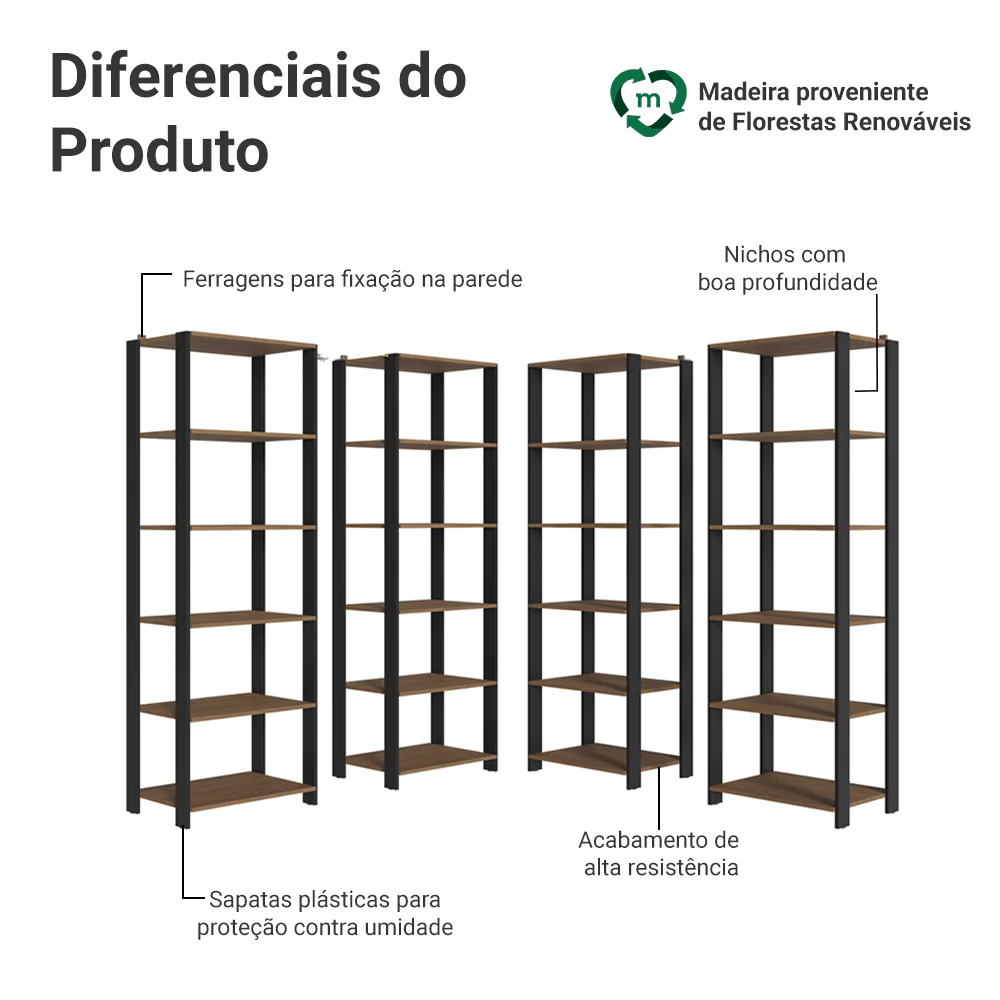 Armário Estante Multiuso Organizador Despensa de Canto 20 Prateleiras 236cm Rustic/Preto Madesa - Image 4