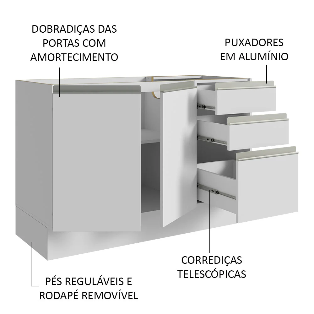 Armário Gabinete para Banheiro 120cm 2 Portas 3 Gavetas Branco Madesa - Image 4