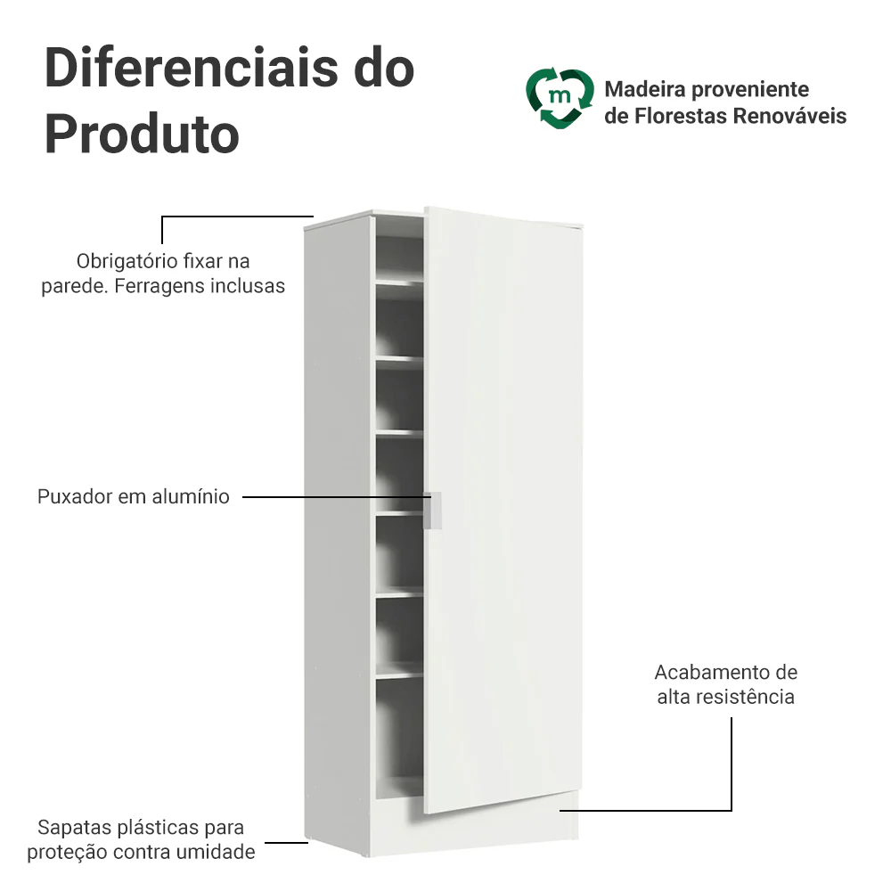 Armário Multiuso 60 cm 1 porta Branco Madesa - Image 4