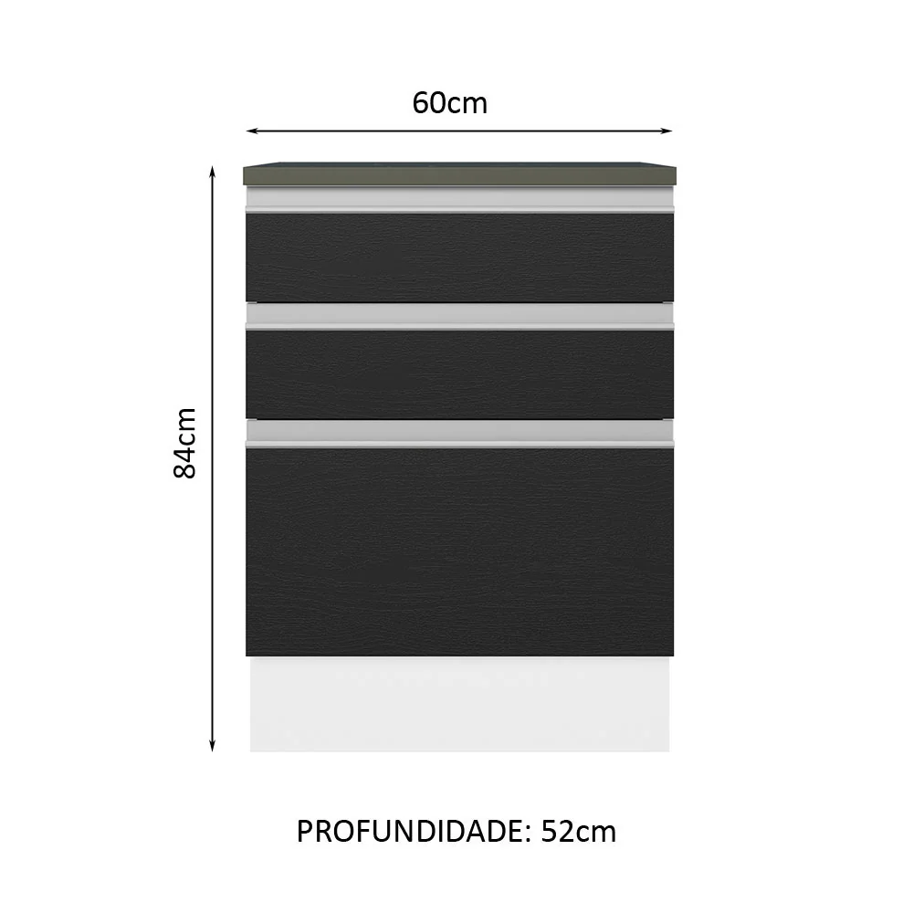 Balcão 100% MDF 60 cm 3 Gavetas Branco/Preto Acordes Madesa - Image 2