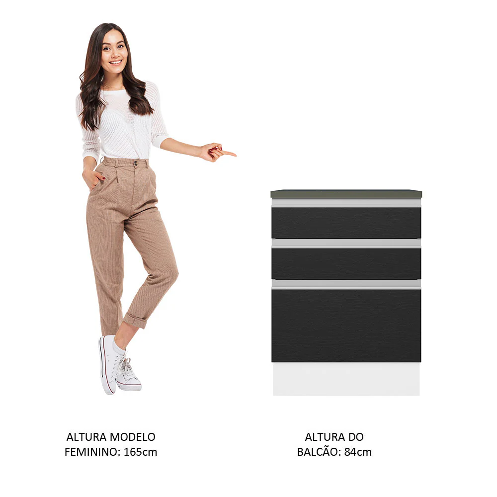 Balcão 100% MDF 60 cm 3 Gavetas Branco/Preto Acordes Madesa - Image 3