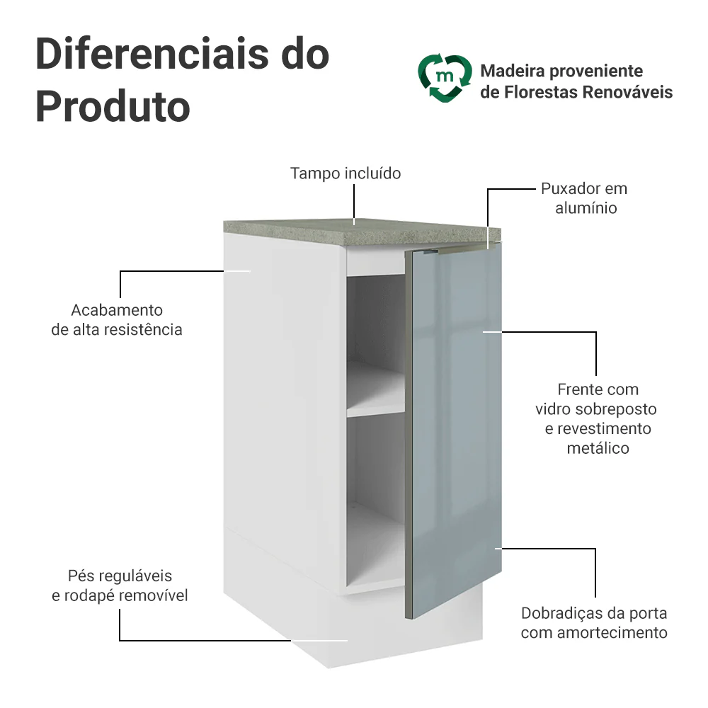 Balcão 35 x 60 cm 1 Porta (Com Tampo) Branco/Cinza Lux Madesa - Image 3