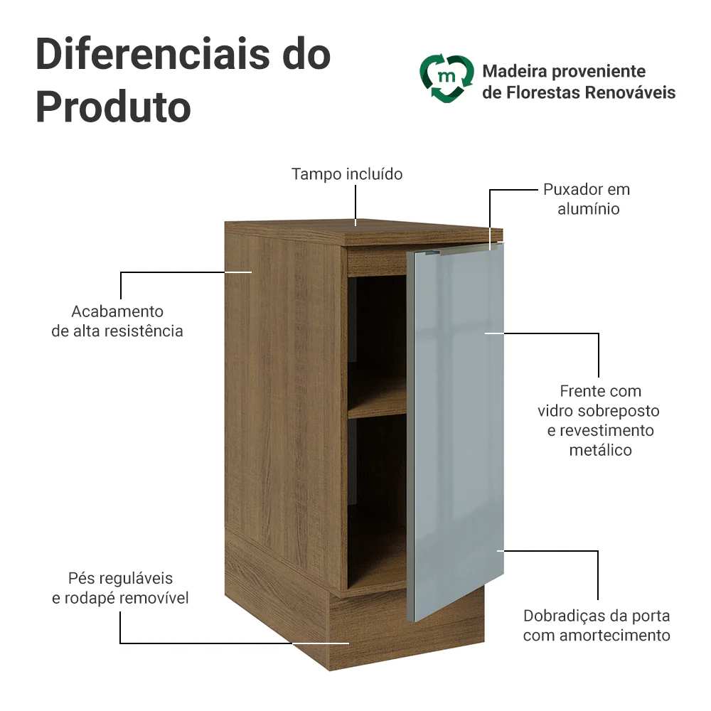 Balcão 35 x 60 cm 1 Porta (Com Tampo) Rustic/Cinza Lux Madesa - Image 3