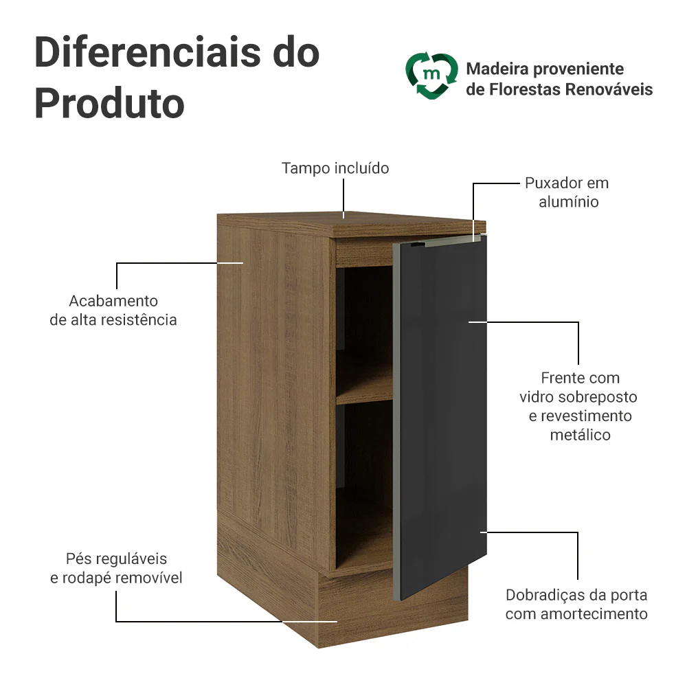 Balcão 35 x 60 cm 1 Porta (Com Tampo) Rustic/Preto Lux Madesa - Image 3