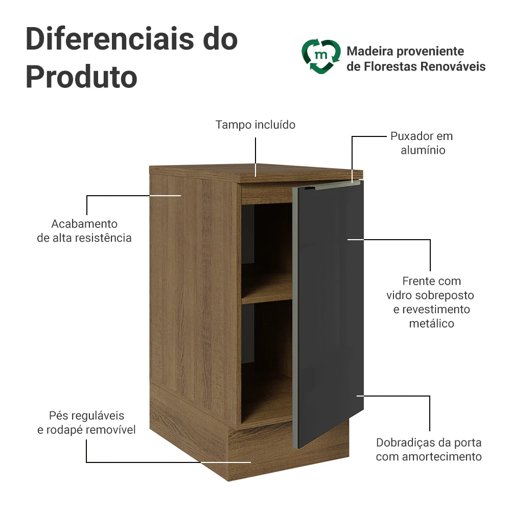 Balcão 40 x 60 cm 1 Porta (Com Tampo) Rustic/Preto Lux Madesa - Image 3