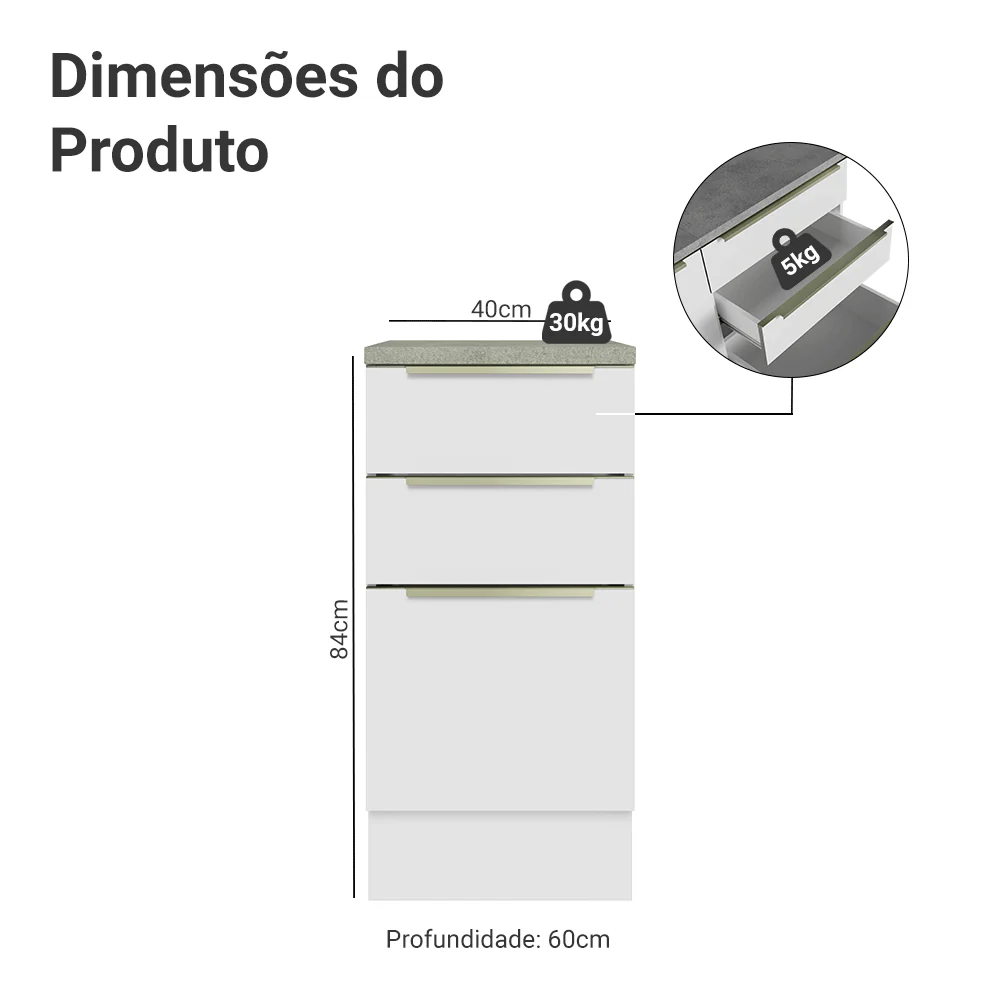 Balcão 40 x 60 cm 3 Gavetas (Com Tampo) Branco/Branco Veludo Lux Madesa - Image 2
