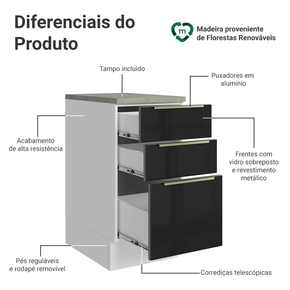 Balcão 40 x 60 cm 3 Gavetas (Com Tampo) Branco/Preto Lux Madesa - Image 3