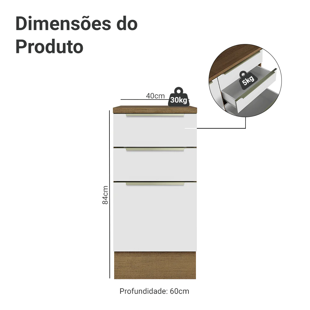 Balcão 40 x 60 cm 3 Gavetas (Com Tampo) Rustic/Branco Veludo Lux Madesa - Image 2