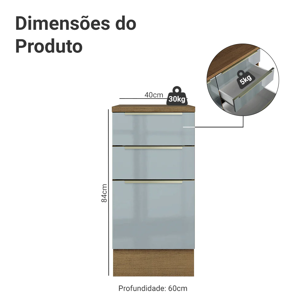 Balcão 40 x 60 cm 3 Gavetas (Com Tampo) Rustic/Cinza Lux Madesa - Image 2