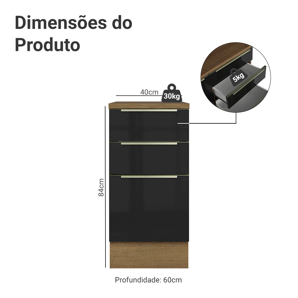 Balcão 40 x 60 cm 3 Gavetas (Com Tampo) Rustic/Preto Lux Madesa - Image 2
