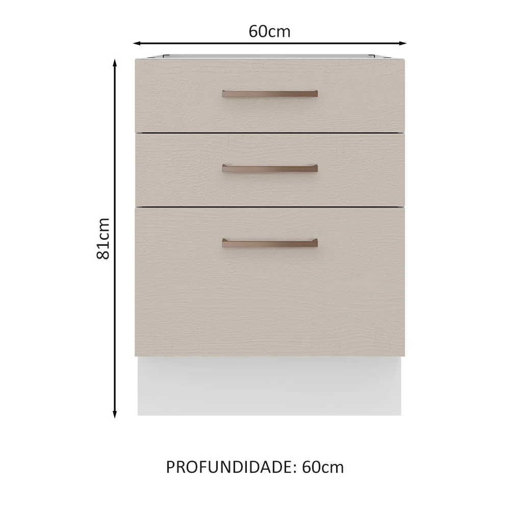 Balcão 60 x 60 cm 3 Gavetas (Sem Tampo) Branco/Crema Agata Madesa - Image 2
