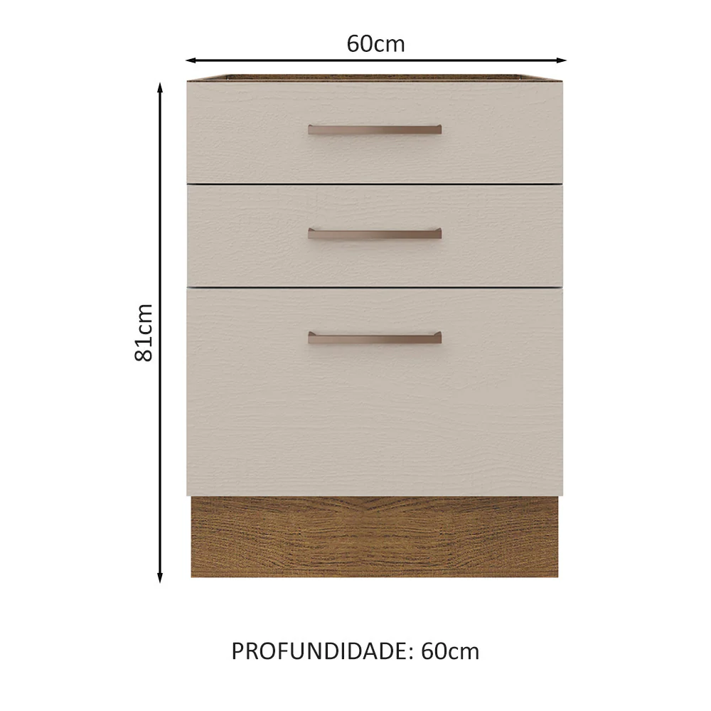 Balcão 60 x 60 cm 3 Gavetas (Sem Tampo) Rustic/Crema Agata Madesa - Image 2