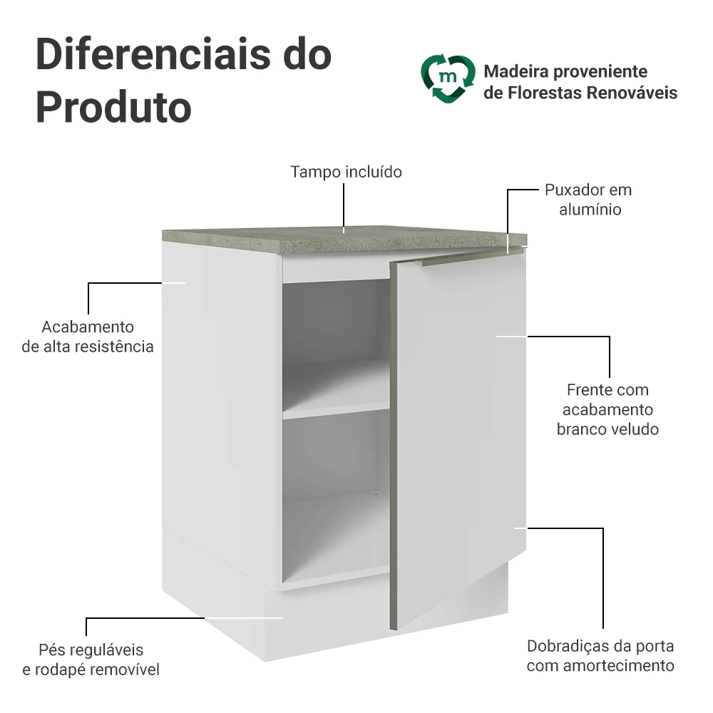 Balcão 60 x 60 cm 1 Porta (Com Tampo) Branco/Branco Veludo Lux Madesa - Image 3