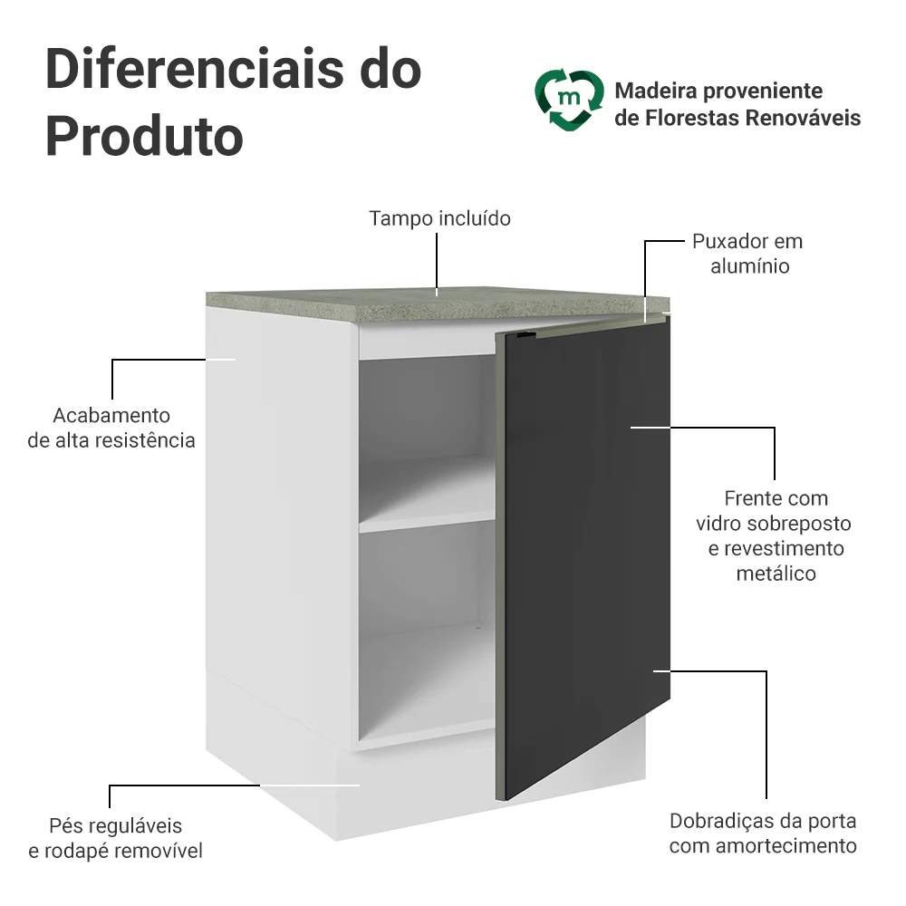 Balcão 60 x 60 cm 1 Porta (Com Tampo) Branco/Preto Lux Madesa - Image 3
