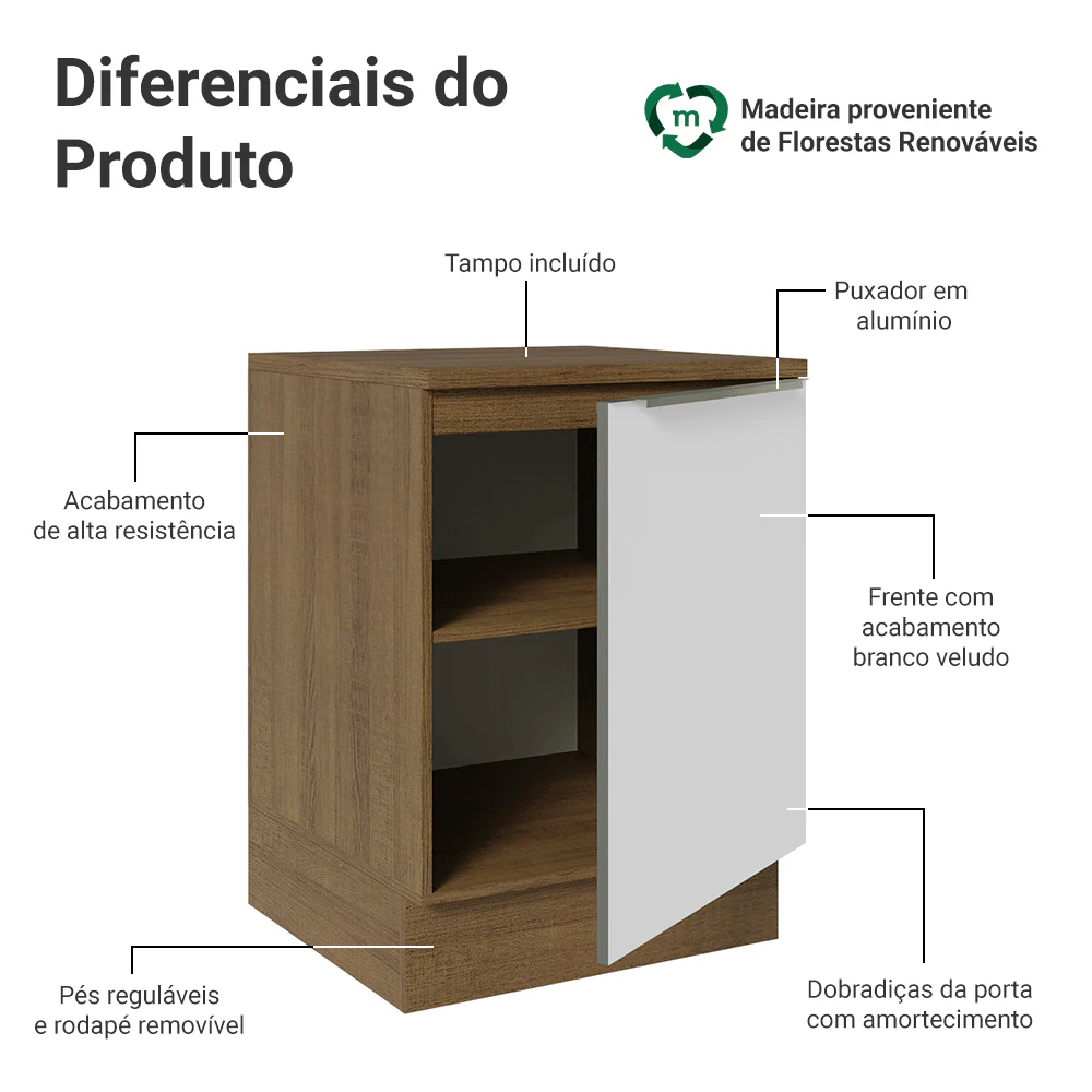 Balcão 60 x 60 cm 1 Porta (Com Tampo) Rustic/Branco Veludo Lux Madesa - Image 3