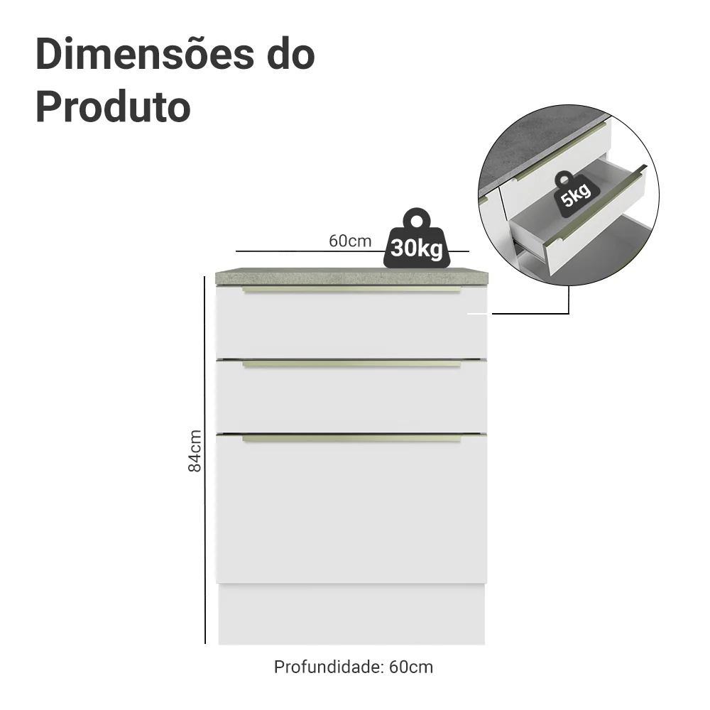 Balcão 60 x 60 cm 3 Gavetas (Com Tampo) Branco/Branco Veludo Lux Madesa - Image 2