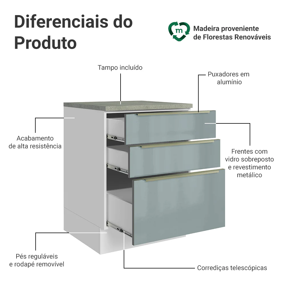 Balcão 60 x 60 cm 3 Gavetas (Com Tampo) Branco/Cinza Lux Madesa - Image 3