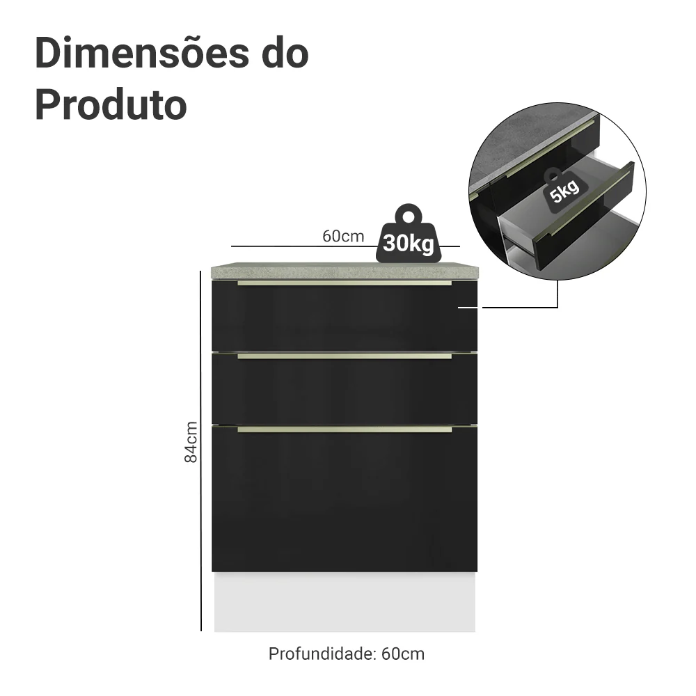 Balcão 60 x 60 cm 3 Gavetas (Com Tampo) Branco/Preto Lux Madesa - Image 2