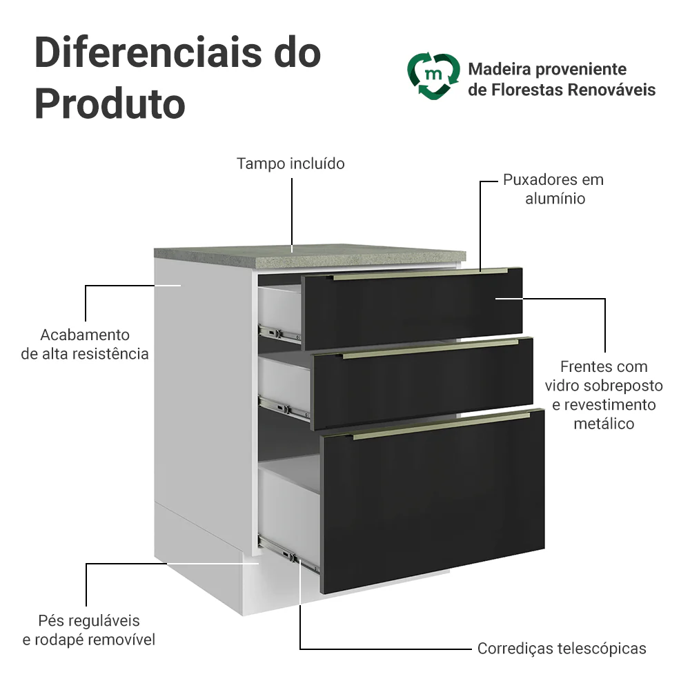 Balcão 60 x 60 cm 3 Gavetas (Com Tampo) Branco/Preto Lux Madesa - Image 3