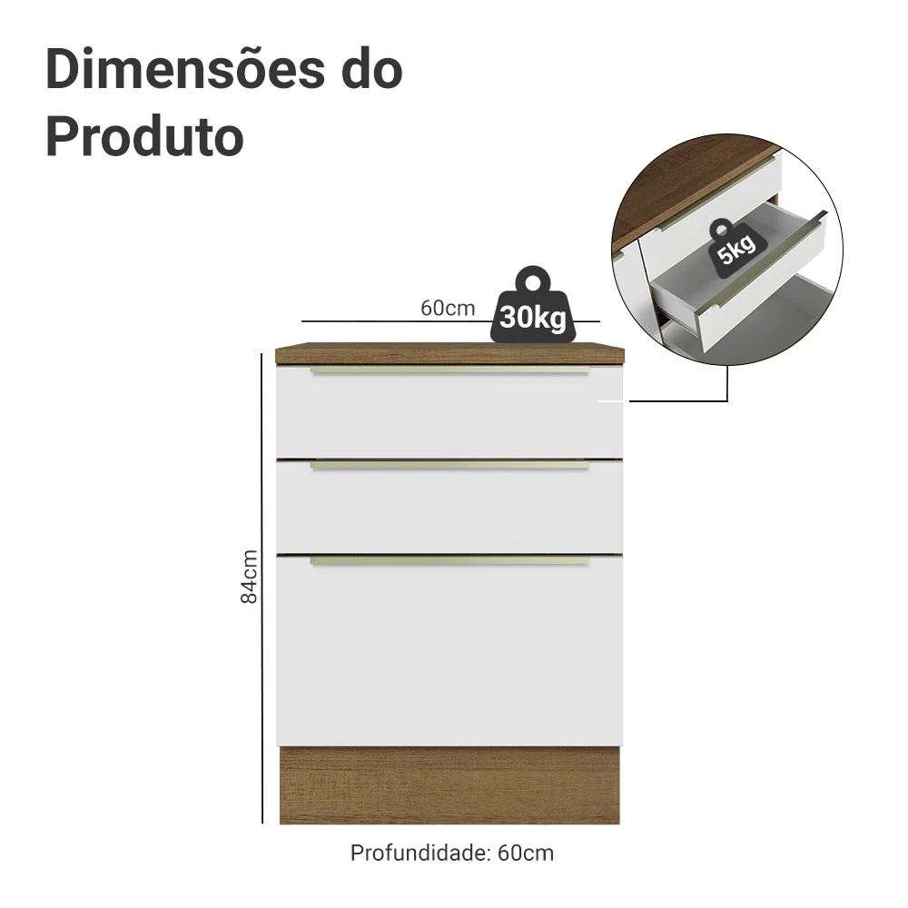 Balcão 60 x 60 cm 3 Gavetas (Com Tampo) Rustic/Branco Veludo Lux Madesa - Image 2