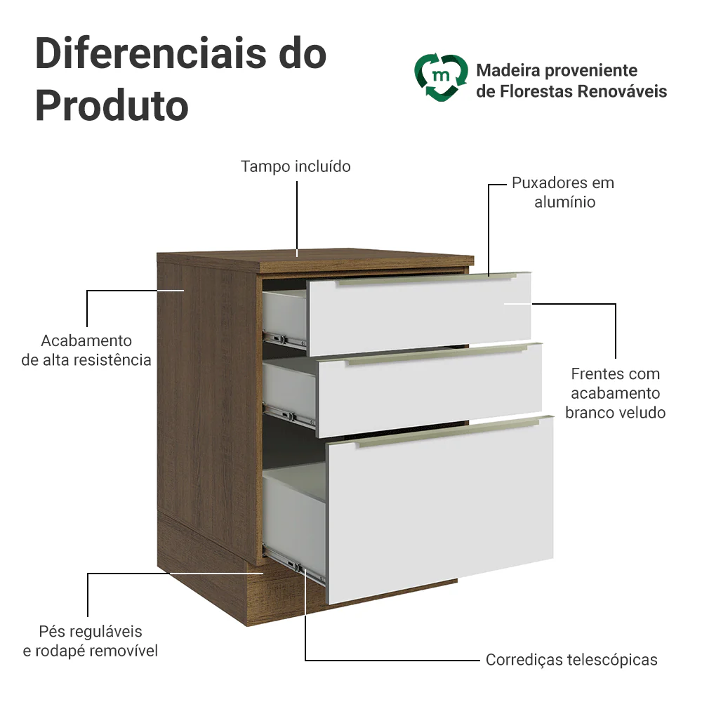 Balcão 60 x 60 cm 3 Gavetas (Com Tampo) Rustic/Branco Veludo Lux Madesa - Image 3