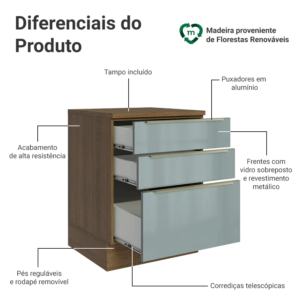 Balcão 60 x 60 cm 3 Gavetas (Com Tampo) Rustic/Cinza Lux Madesa - Image 3