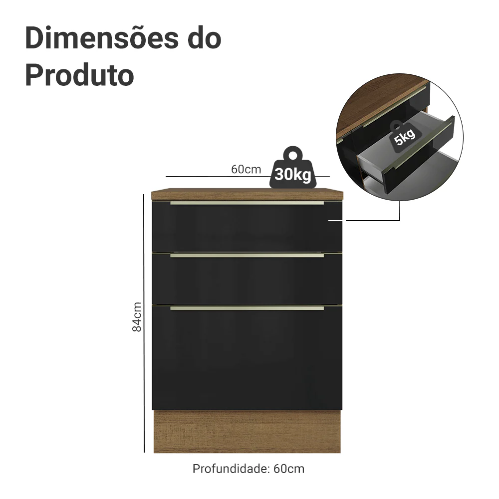 Balcão 60 x 60 cm 3 Gavetas (Com Tampo) Rustic/Preto Lux Madesa - Image 2