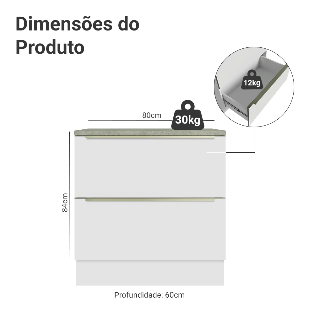 Balcão 80 x 60 cm 2 Gavetas (Com Tampo) Branco/Branco Veludo Lux Madesa - Image 2