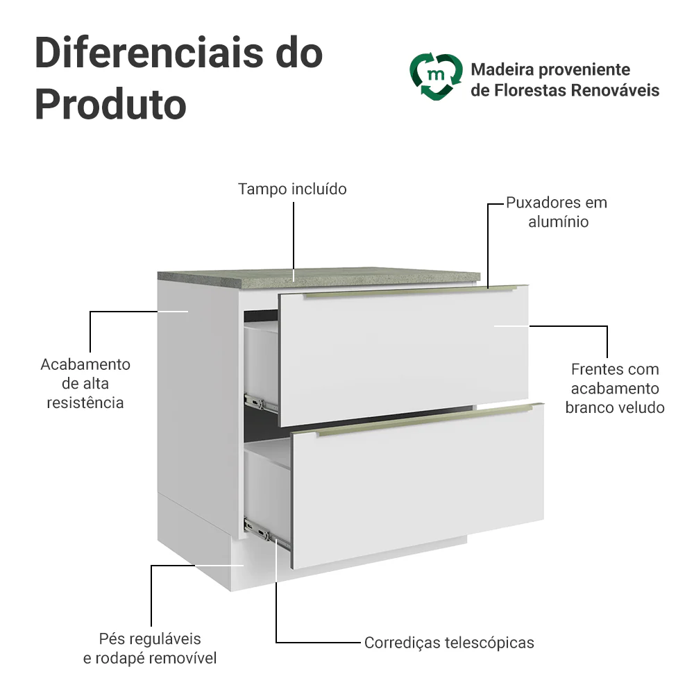 Balcão 80 x 60 cm 2 Gavetas (Com Tampo) Branco/Branco Veludo Lux Madesa - Image 3