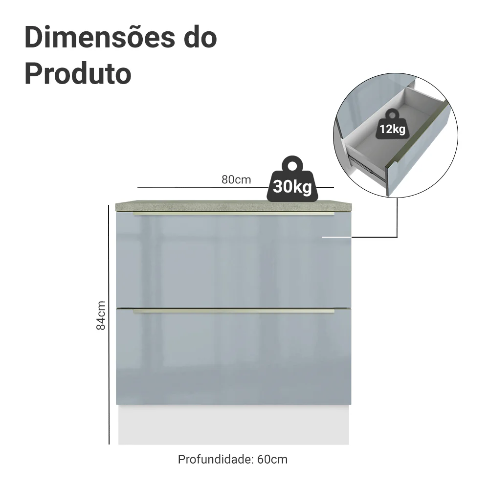 Balcão 80 x 60 cm 2 Gavetas (Com Tampo) Branco/Cinza Lux Madesa - Image 2