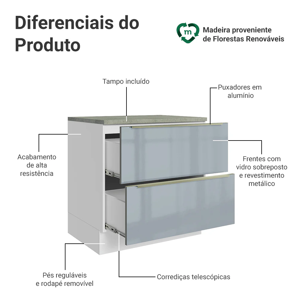 Balcão 80 x 60 cm 2 Gavetas (Com Tampo) Branco/Cinza Lux Madesa - Image 3
