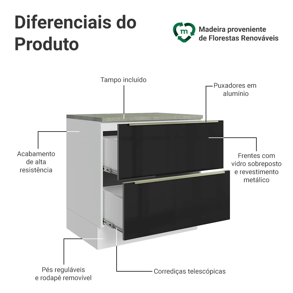 Balcão 80 x 60 cm 2 Gavetas (Com Tampo) Branco/Preto Lux Madesa - Image 3
