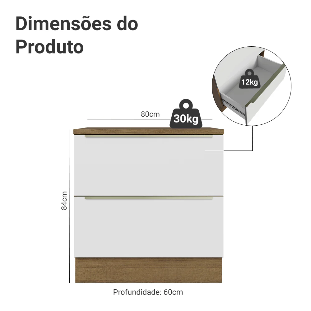 Balcão 80 x 60 cm 2 Gavetas (Com Tampo) Rustic/Branco Veludo Lux Madesa - Image 2