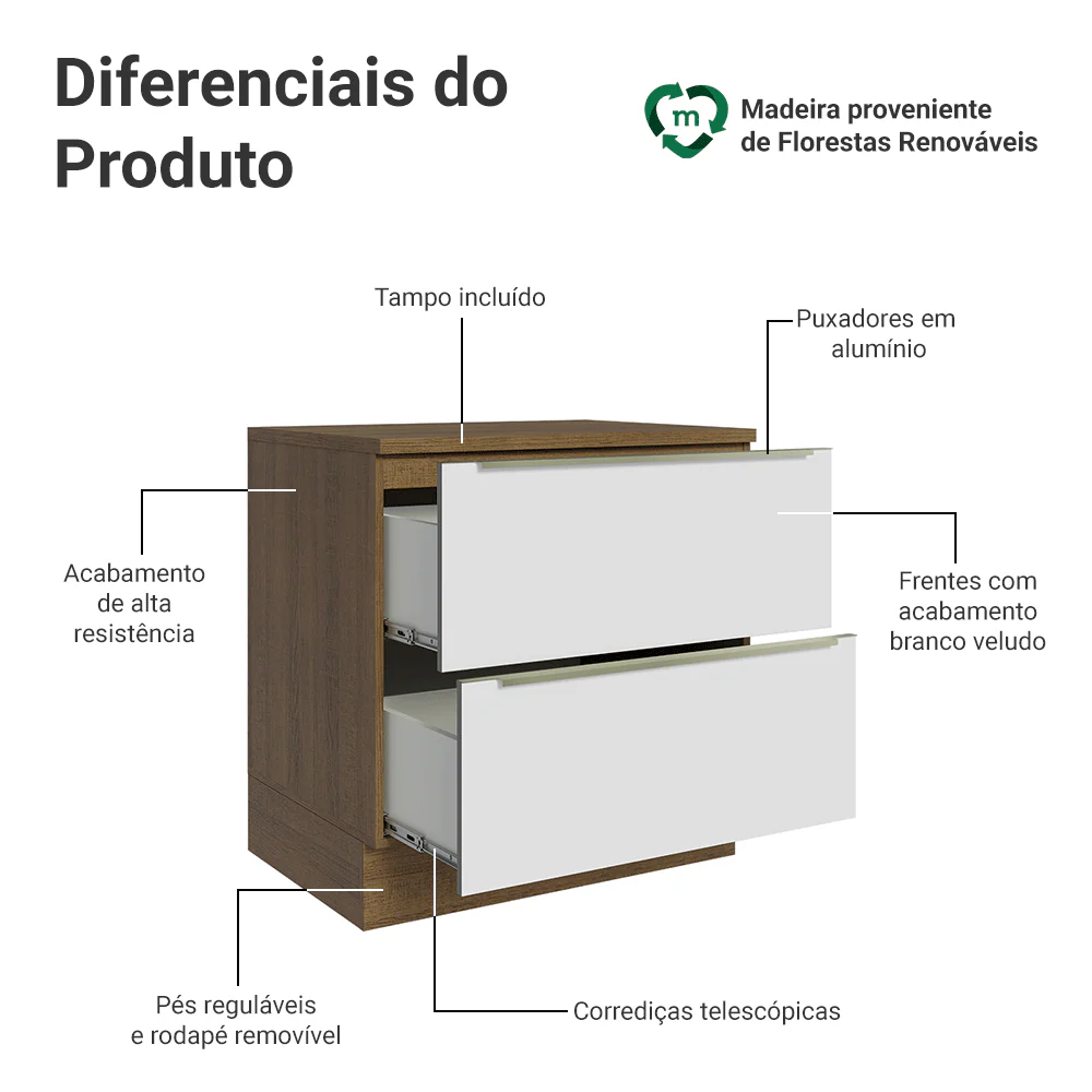 Balcão 80 x 60 cm 2 Gavetas (Com Tampo) Rustic/Branco Veludo Lux Madesa - Image 3
