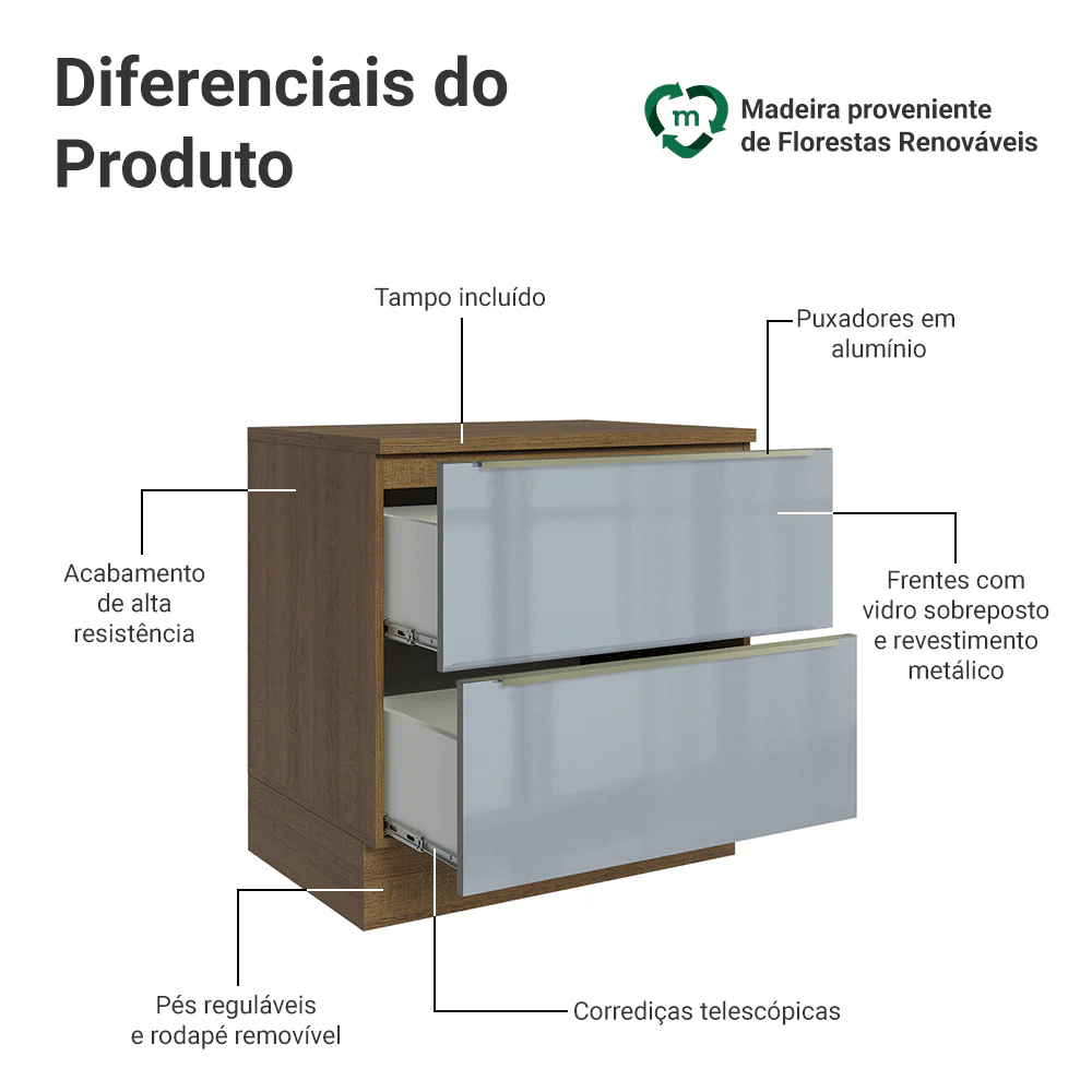 Balcão 80 x 60 cm 2 Gavetas (Com Tampo) Rustic/Cinza Lux Madesa - Image 3