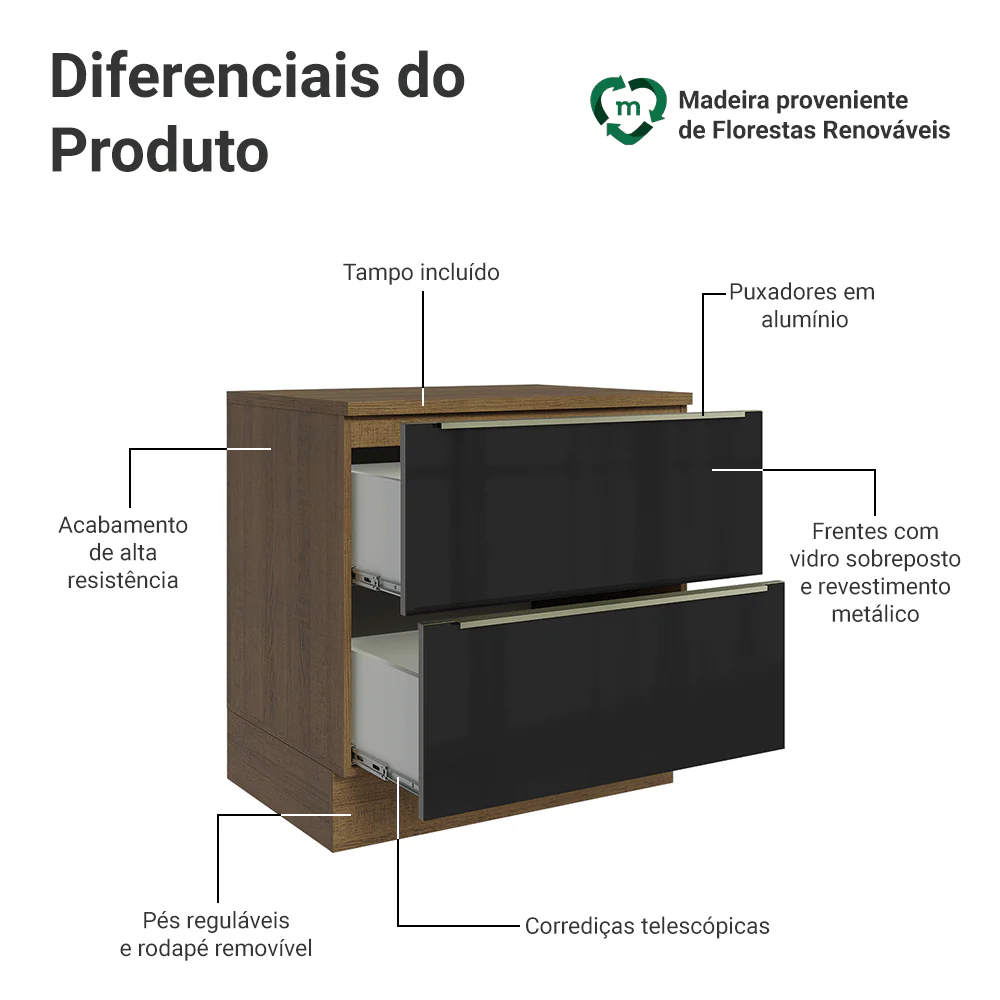 Balcão 80 x 60 cm 2 Gavetas (Com Tampo) Rustic/Preto Lux Madesa - Image 3