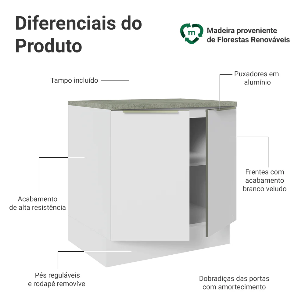 Balcão 80 x 60 cm 2 Portas (Com Tampo) Branco/Branco Veludo Lux Madesa - Image 3
