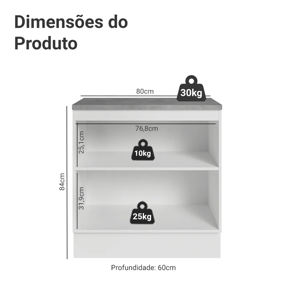 Balcão 80 x 60 cm 2 Portas (Com Tampo) Branco/Preto Lux Madesa - Image 2