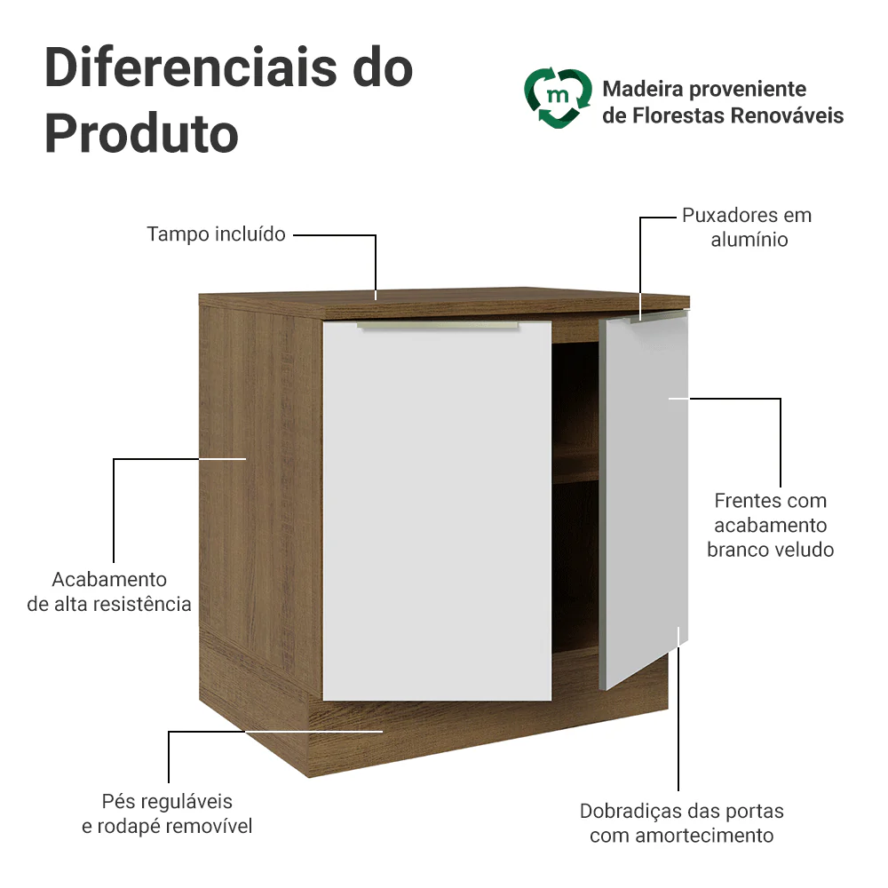 Balcão 80 x 60 cm 2 Portas (Com Tampo) Rustic/Branco Veludo Lux Madesa - Image 3