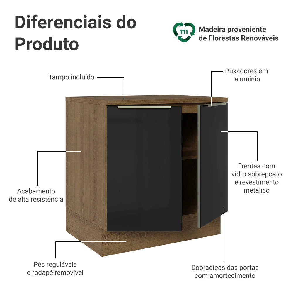 Balcão 80 x 60 cm 2 Portas (Com Tampo) Rustic/Preto Lux Madesa - Image 3