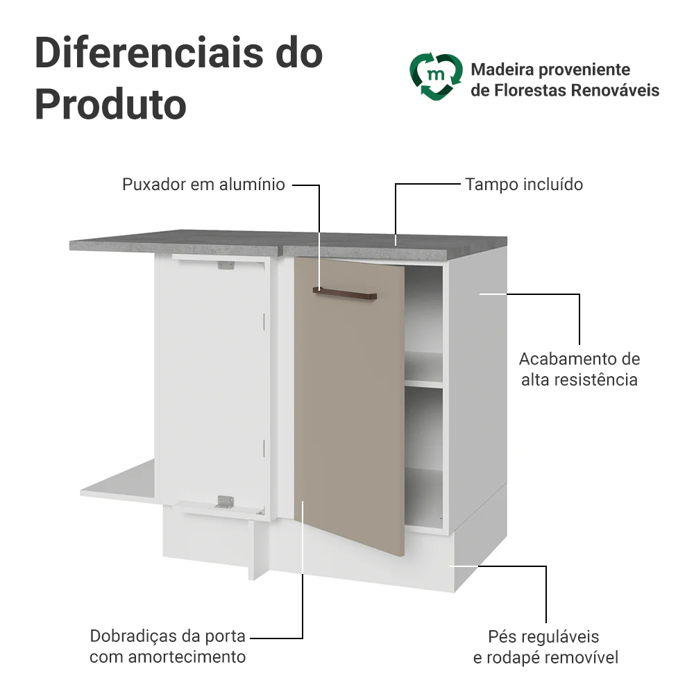 Balcão de Canto 1 Porta 60 cm Profundidade (Com Tampo) Branco/Crema Agata Madesa - Image 3