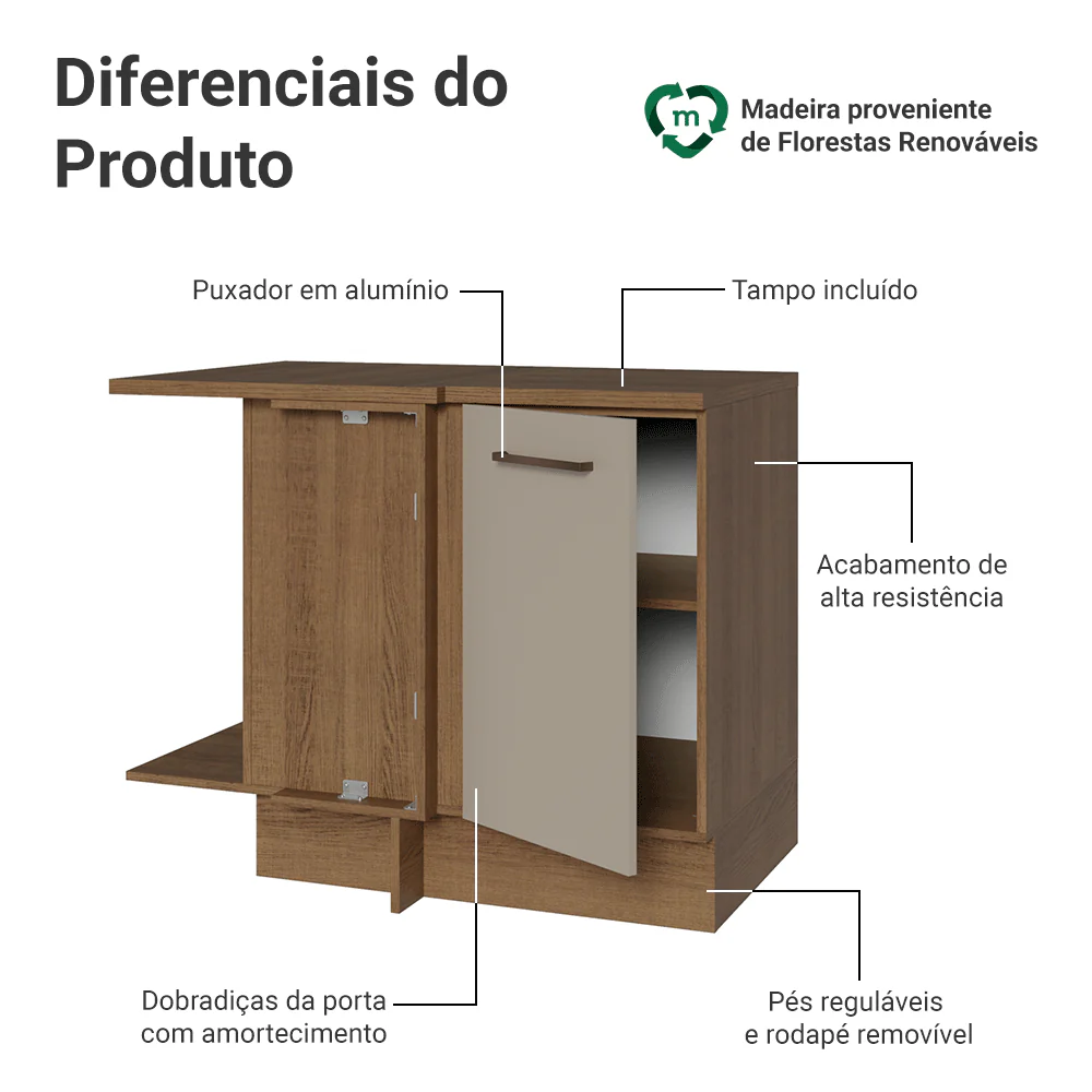 Balcão de Canto 1 Porta 60 cm Profundidade (Com Tampo) Rustic/Crema Agata Madesa - Image 3