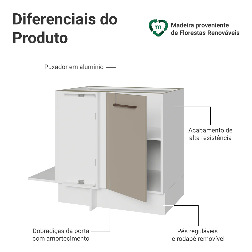 Balcão de Canto 1 Porta 60 cm Profundidade (Sem Tampo) Branco/Crema Agata Madesa - Image 3