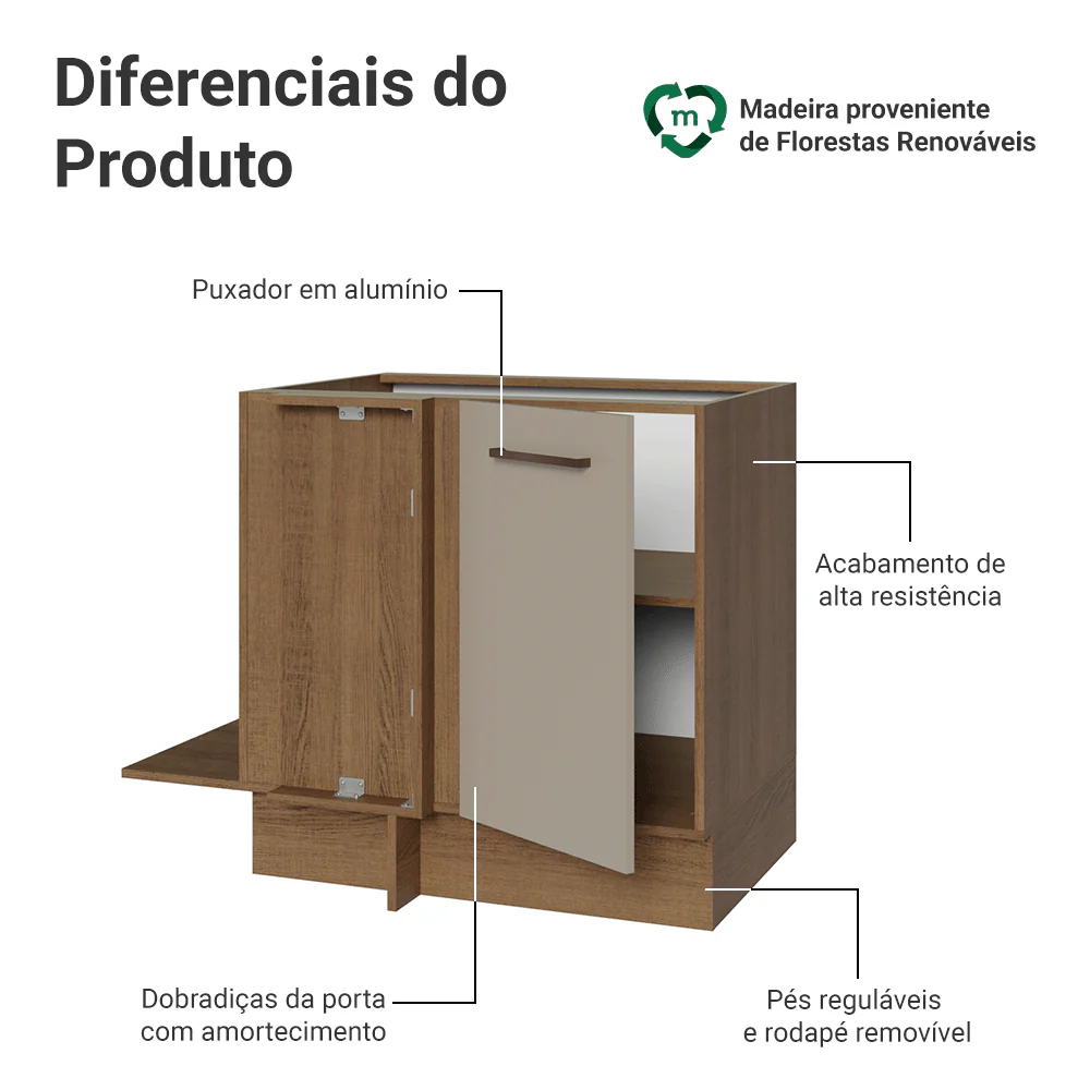 Balcão de Canto 1 Porta 60 cm Profundidade (Sem Tampo) Rustic/Crema Agata Madesa - Image 3