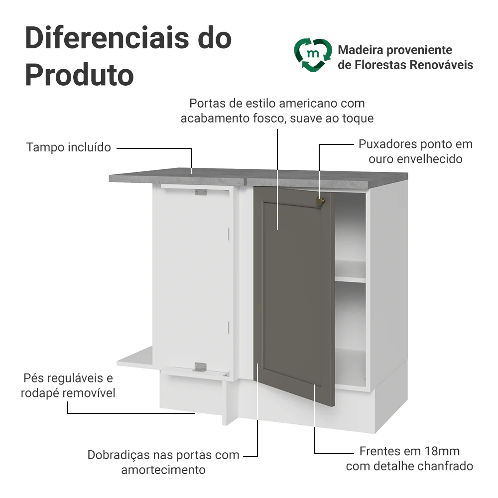 Balcão de Canto 1 Porta Branco/Cinza Vik Madesa - Image 3